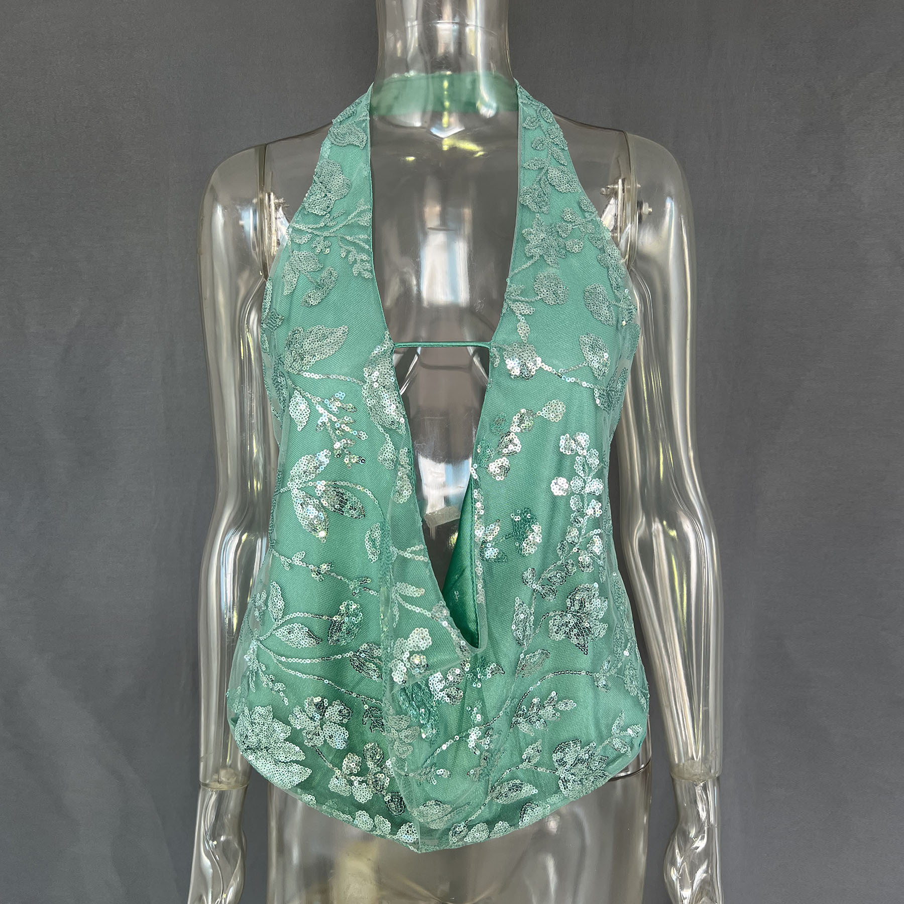 Women's Sexy Backless Sequined V neck Top Green - Shop at LoveMi