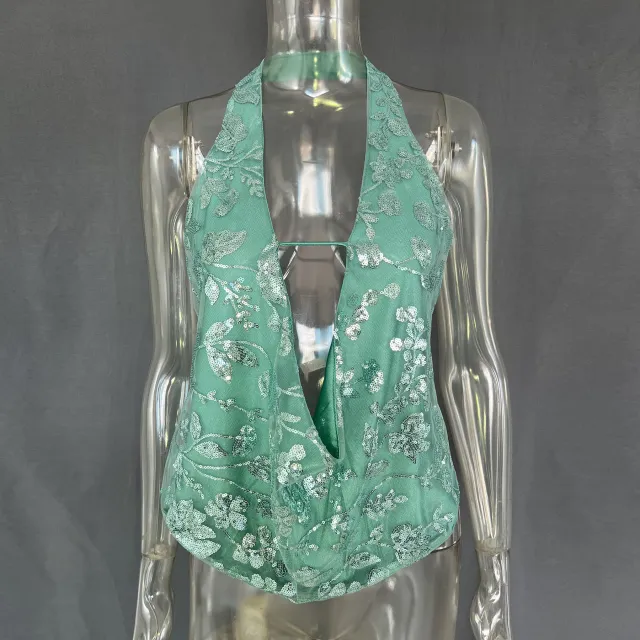 Women's Sexy Backless Sequined V neck Top Green - Shop at LoveMi