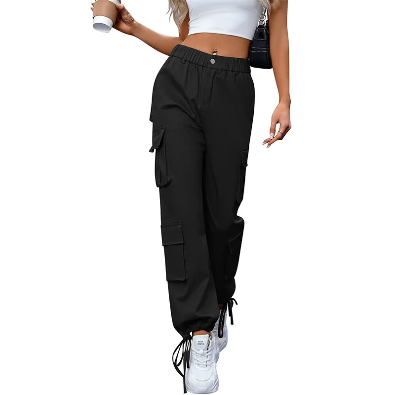 Women's High Waist Pocket Loose Casual Working Pants Straight-leg Pants - Black