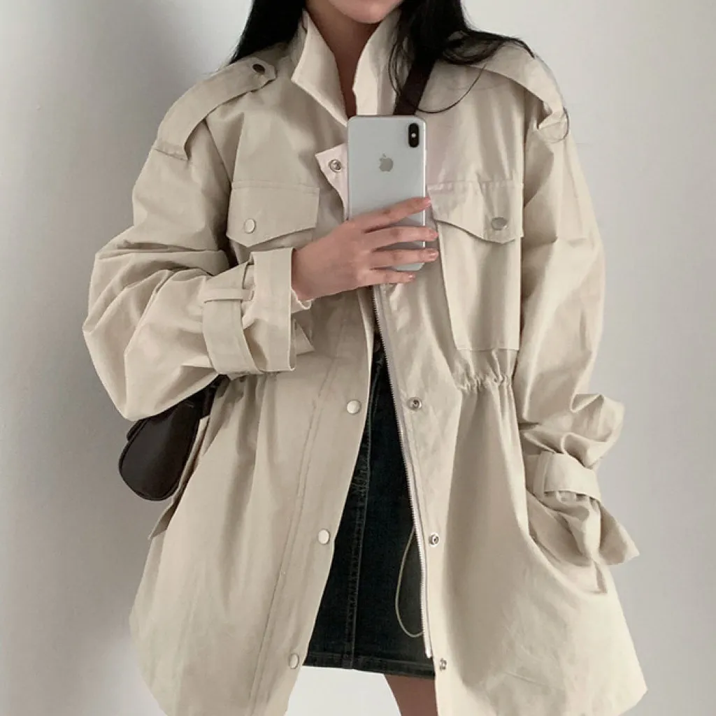 Chic Autumn Idle Style Mid-length Loose Single-breasted Lapel Overall Trench Coat - Apricot