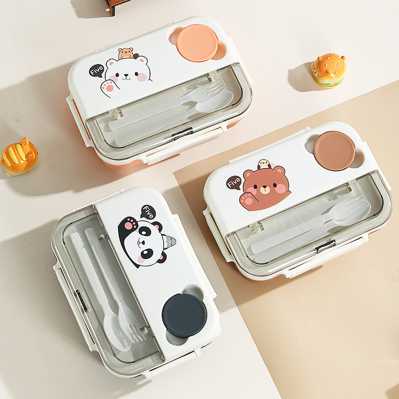 INS Cartoon Three-compartment Plastic Lunch Box Children Student Portable