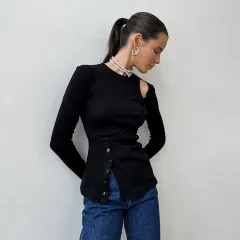 French Hollow Knitted T-shirt Autumn And Winter Design Warm Black Bottoming Shirt - Black - View 1