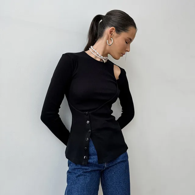 French Hollow Knitted T shirt Autumn And Winter Design Warm Black Bottoming Shirt Black - Shop at LoveMi