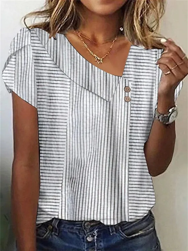 Women's Top Button V neck T shirt Silver - Shop at LoveMi
