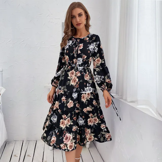 Womens Crew neck Long sleeve Tie dye Printed Dress Black - Shop at LoveMi