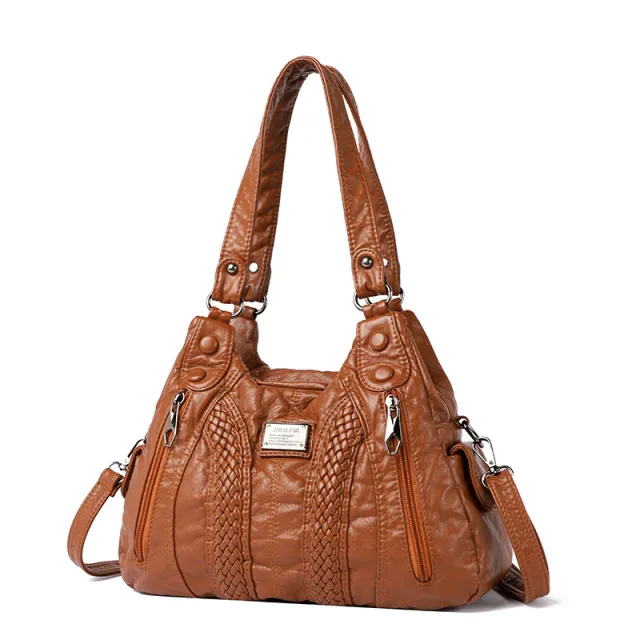 Real Washed Leather Woven Locomotive Commuter Large Capacity Soft Leather Portable Shoulder Bag For Women Brown - Shop at LoveMi
