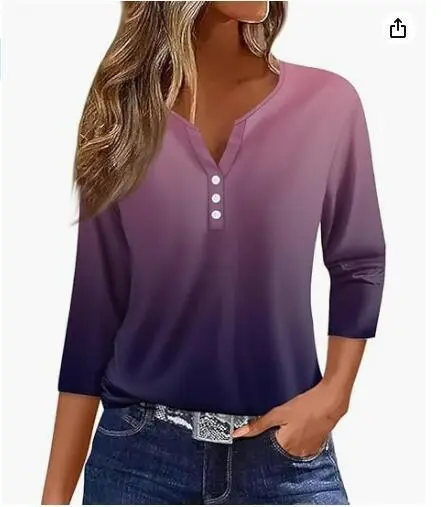 Women's T-shirt V-neck Half-open Tube Three-button Printed 34 Sleeves Top - 60 Style-2Xl
