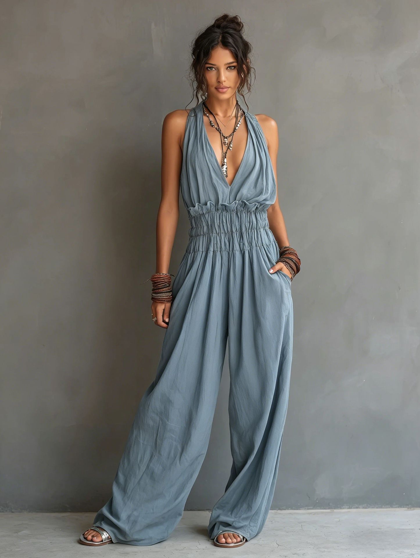 Women's V-neck jumpsuit in white – side view