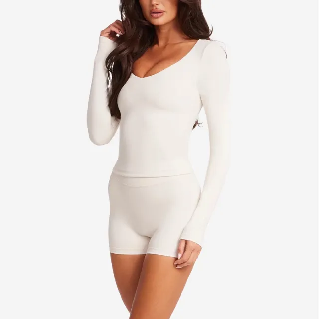 Slim Fit Slimming Sports Outerwear Bottoming Shirt Small V neck Yoga Clothes Long Sleeve U110 White Long Sleeve - Shop at LoveMi