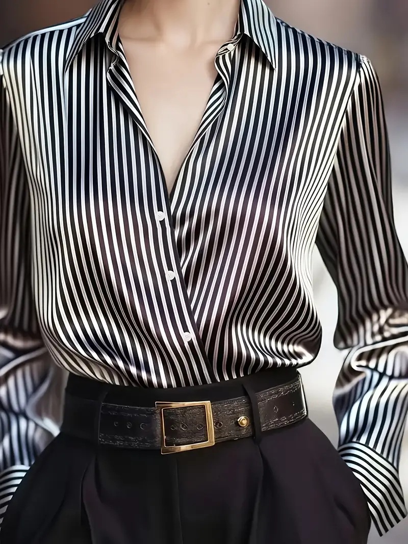 Autumn French Design Retro Stripe Niche Long Sleeve Shirt - Image 2