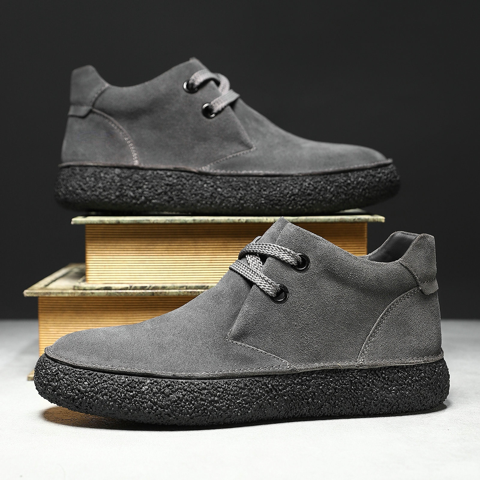 Matte Suede Mid-Top SneakersMartin Boots Mens Casual Leather Shoes Thick-Soled Trendy Shoes