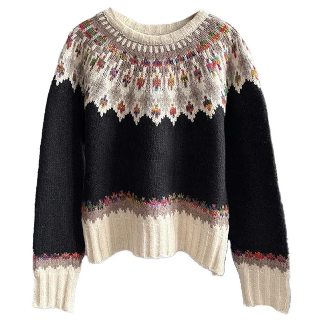 Retro Jacquard Sweater Women's Loose Casual Black - Shop at LoveMi