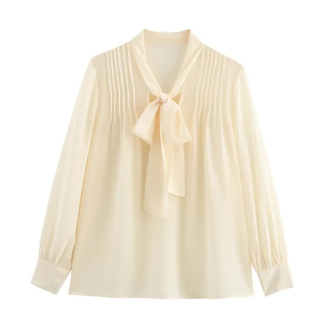 Long Sleeve Thin Top V neck Apricot Bow Design - Shop at LoveMi