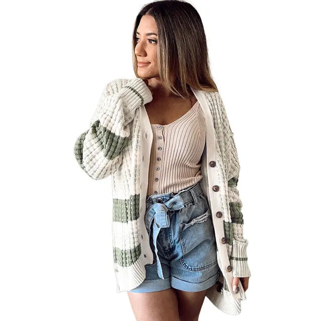 Women's Color Matching Long sleeved Cardigan Loose Lc2711151 Green - Shop at LoveMi