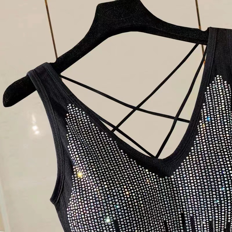 Vertical Waterfall Hot Drilling Shiny Design Back Cross Short Strap Tube Top