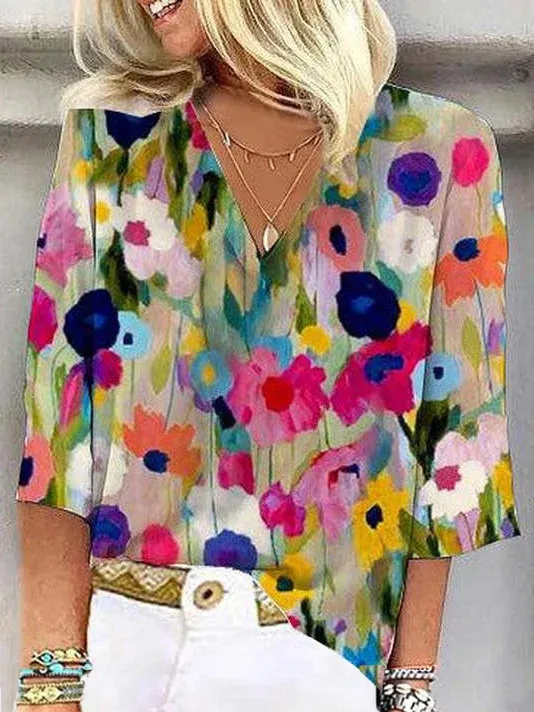 Women's European And American All matching Printed Casual V neck Shirt Printed Pattern D L - Shop at LoveMi