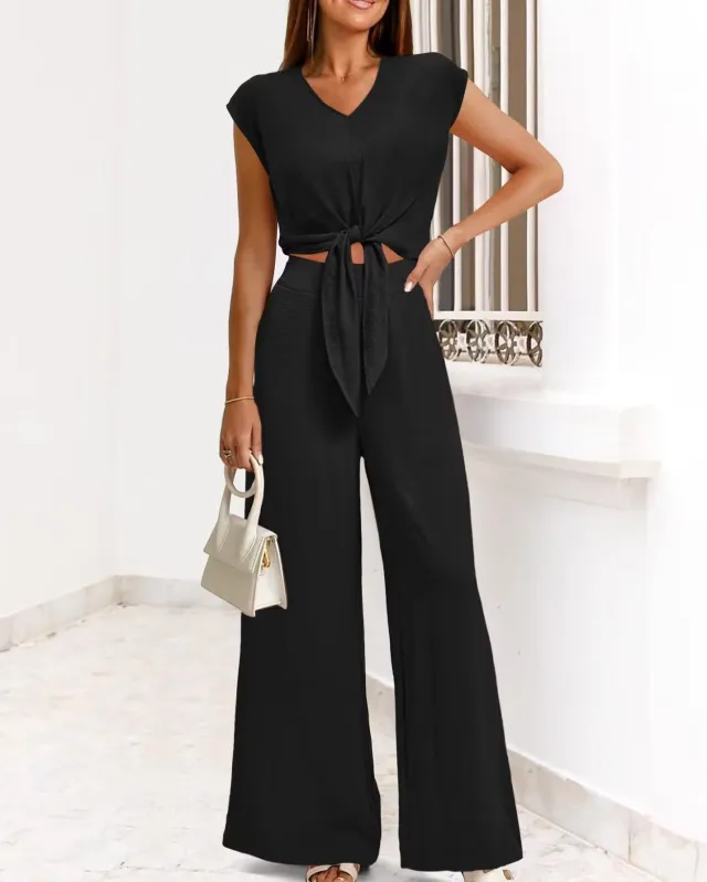 Short Top Wide Leg Pants Suit Black - Shop at LoveMi