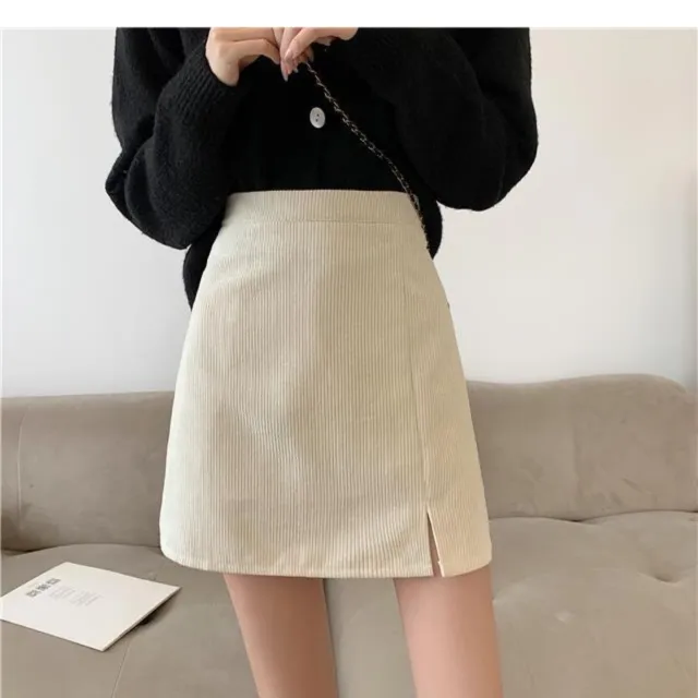 Corduroy A Line Skirt Autumn And Winter Female College Style High Waist Slimming Apricot - Shop at LoveMi