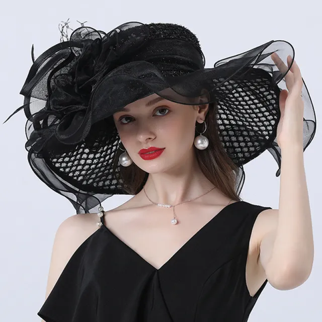 European And American Style Women's Sunshade Adult Hatband Mesh Flower Decoration Broad brimmed Hat Black - Shop at LoveMi