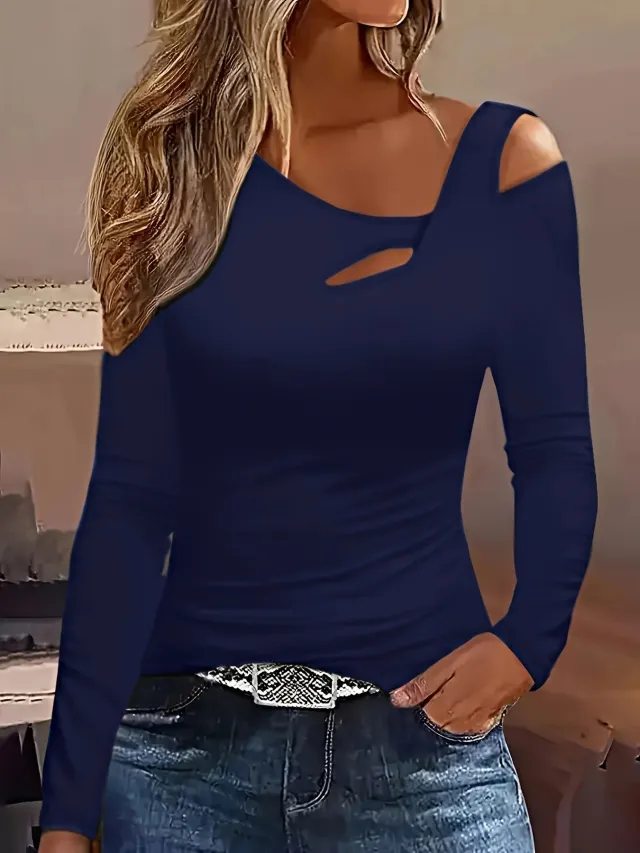 Hollow Out Shoulder baring Long sleeved T shirt Women's Bottoming Shirt Dark Blue - Shop at LoveMi