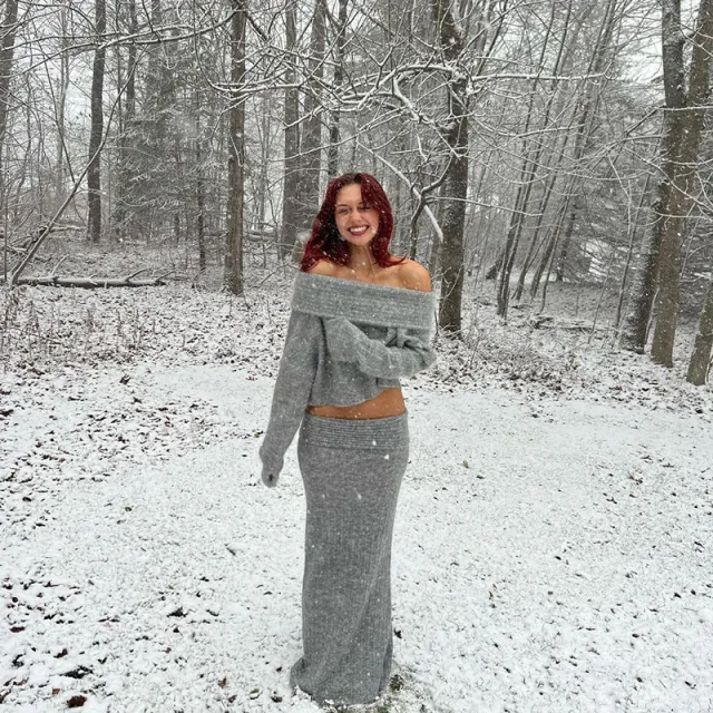 Fashionable Off shoulder Super Long Sleeve Loose All match Women Gray Skirt W23J40690 - Shop at LoveMi
