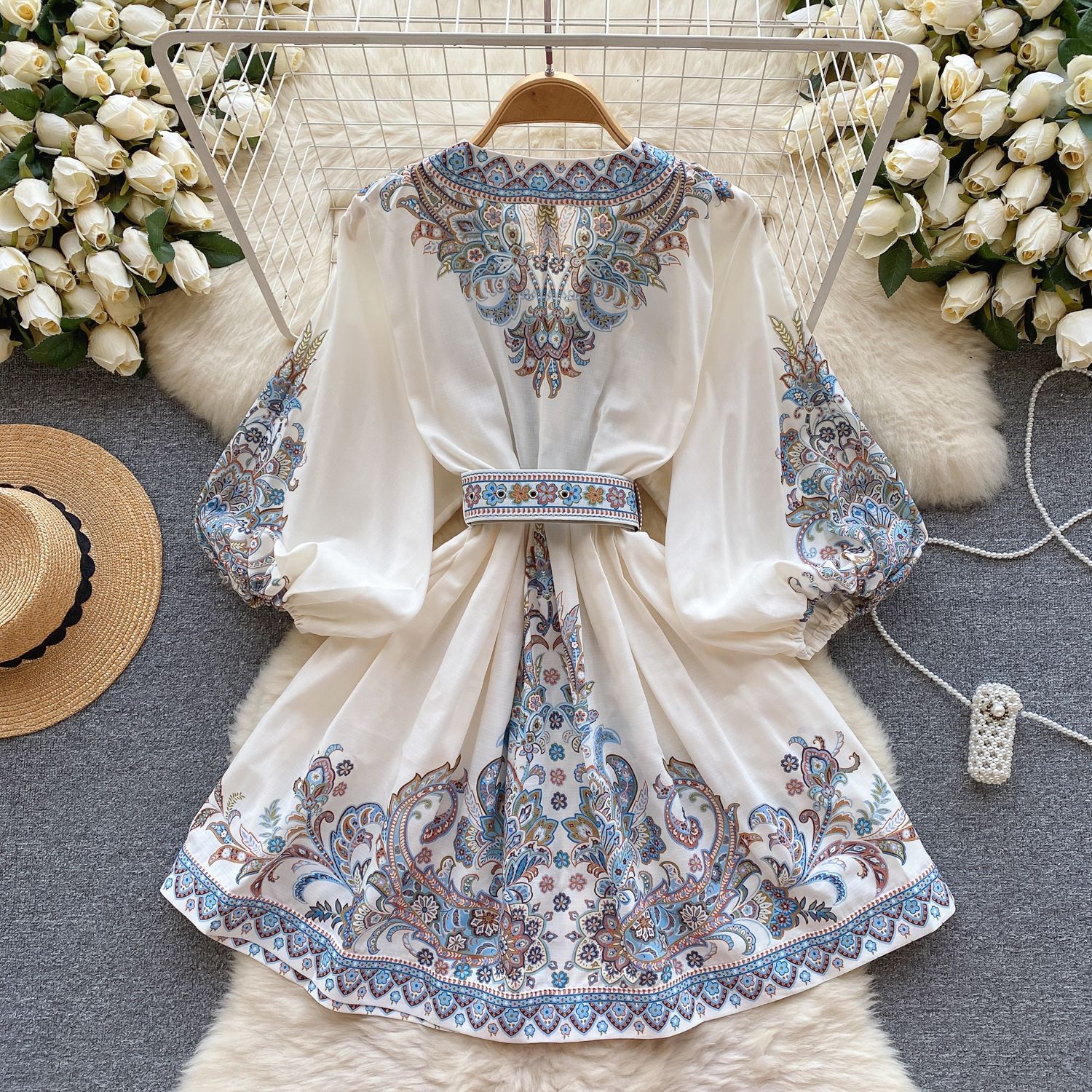 Light Luxury French Royal Style Printing Dress