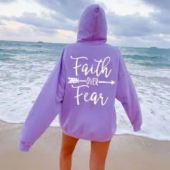 Plain Letter Printed Kangaroo Pocket Drawstring Women's Brushed Hoody - Purple - View 1