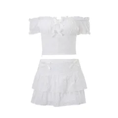 Womens Puff-Sleeve Top And Ruffle Hem Skirt Two-Piece Set - White - View 1
