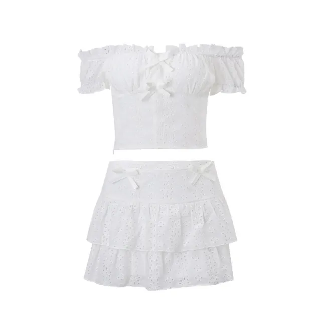 Womens Puff Sleeve Top And Ruffle Hem Skirt Two Piece Set White - Shop at LoveMi