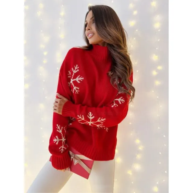 Women's Jacquard Turtleneck Loose Long Sleeve Red - Shop at LoveMi