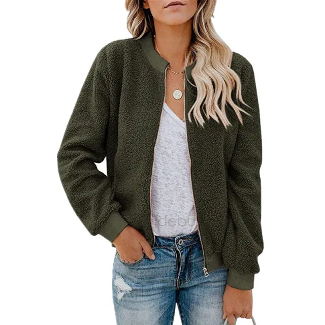 Autumn And Winter Plush Zipper Jacket For Women Army Green - Shop at LoveMi