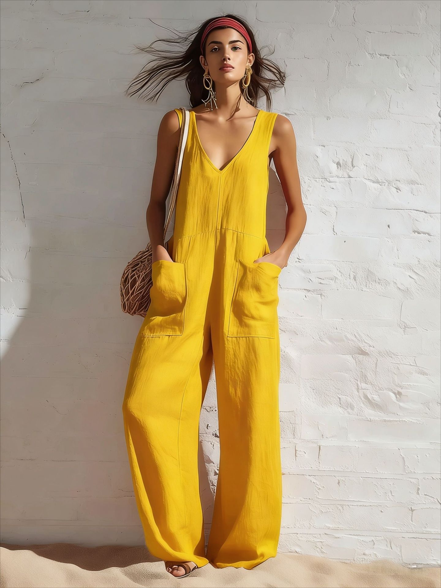 Women's pocketed wide-leg jumpsuit – back view loose fit full length