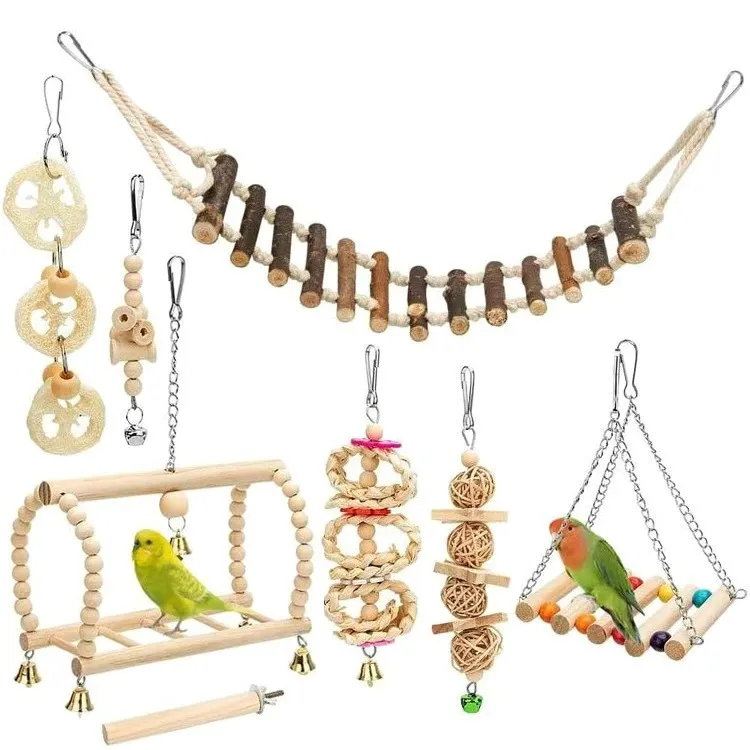 Parrot Bite Toy Small And Medium Bird Log Swing Ring Bell String - A Set Of 8 Pieces