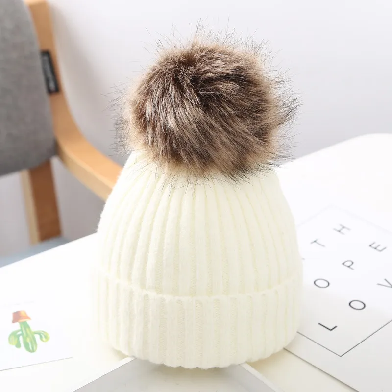 Baby Hat Autumn And Winter Baby Woolen Cap Big Fur Ball - White