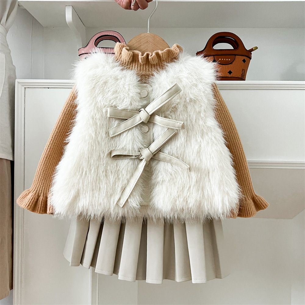 Girls' Autumn And Winter Warm Fur Waistcoat Leather Skirt Suit - Image 3