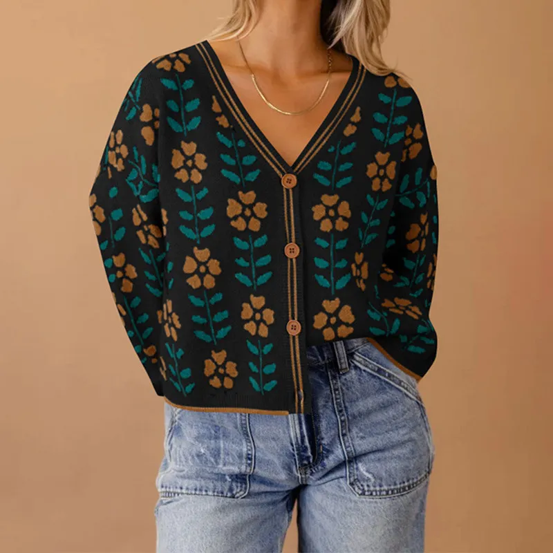 European And American Ladies Single-breasted Long Sleeve Flower Sweater - Black