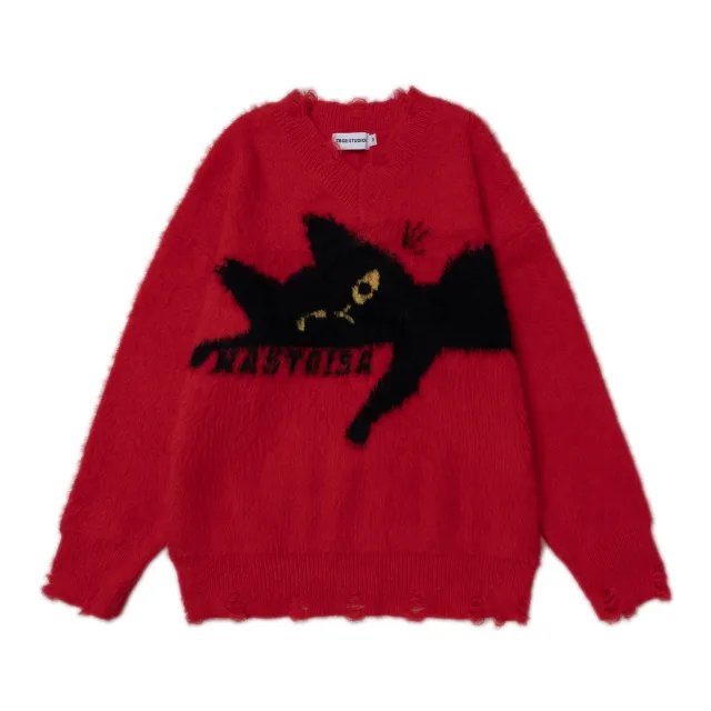 Retro Soft Glutinous Round Neck Set Idle Style Cat Loose Sweater Sweater Red - Shop at LoveMi