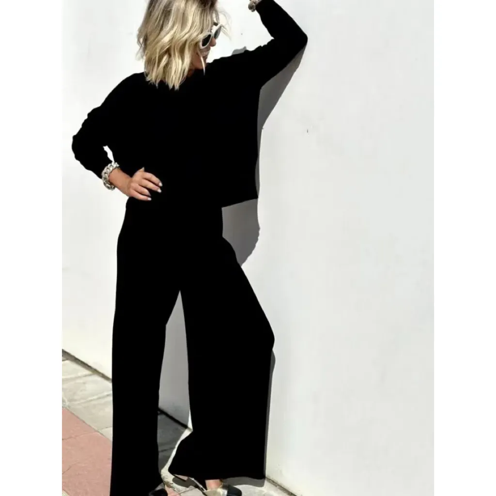 Knitted Wide-leg Pants Suit Sweater Pullover Women's Casual Trousers Suit - Black