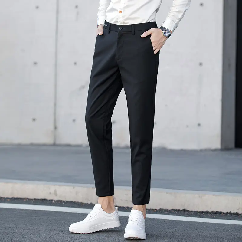 Men's Casual Ankle-length Pants Stretch Ankle-tied Suit Pants Slim Fit 9 Points