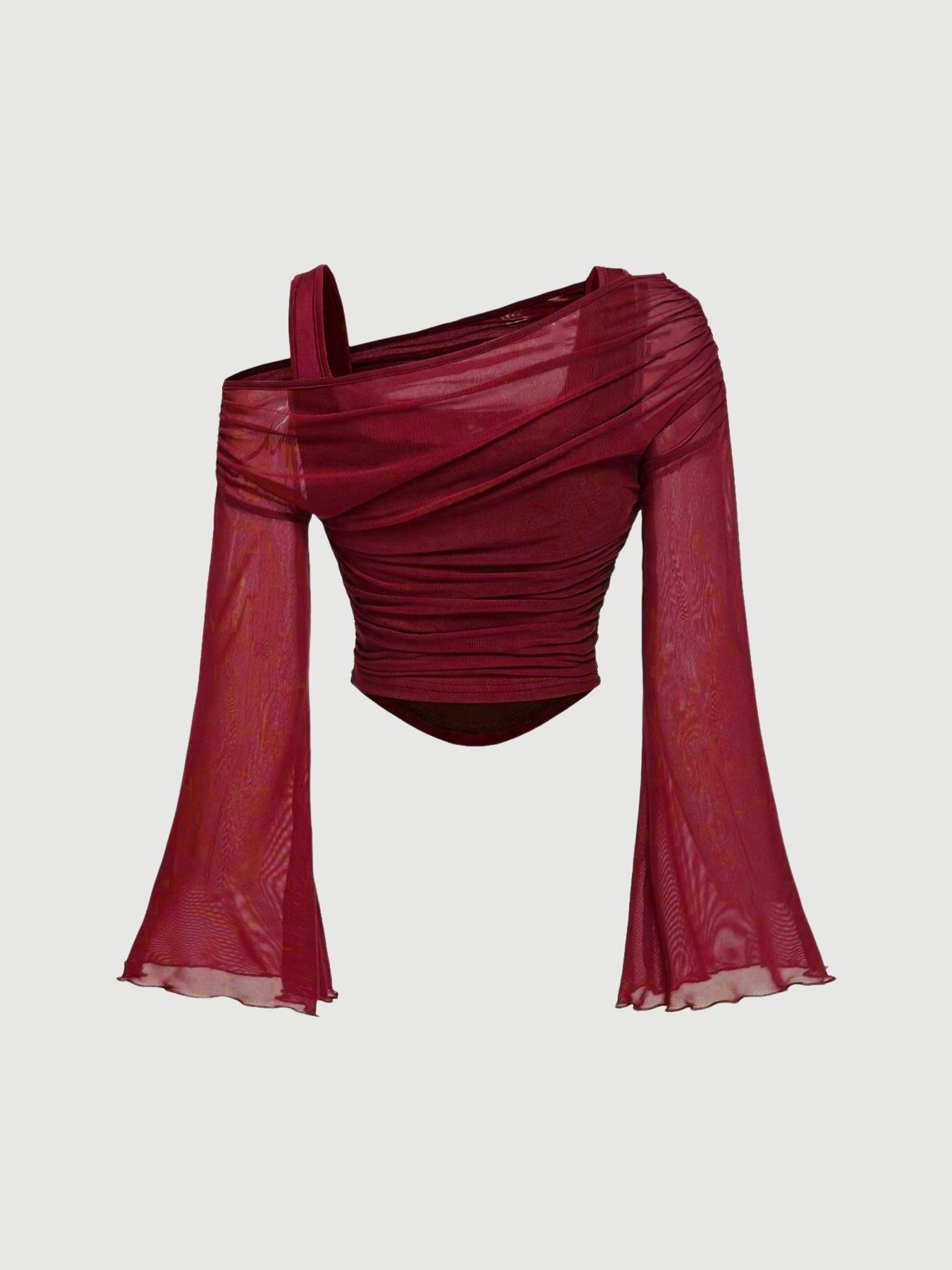 Women's pleated long-sleeve knit top – red colorway styled with trousers
