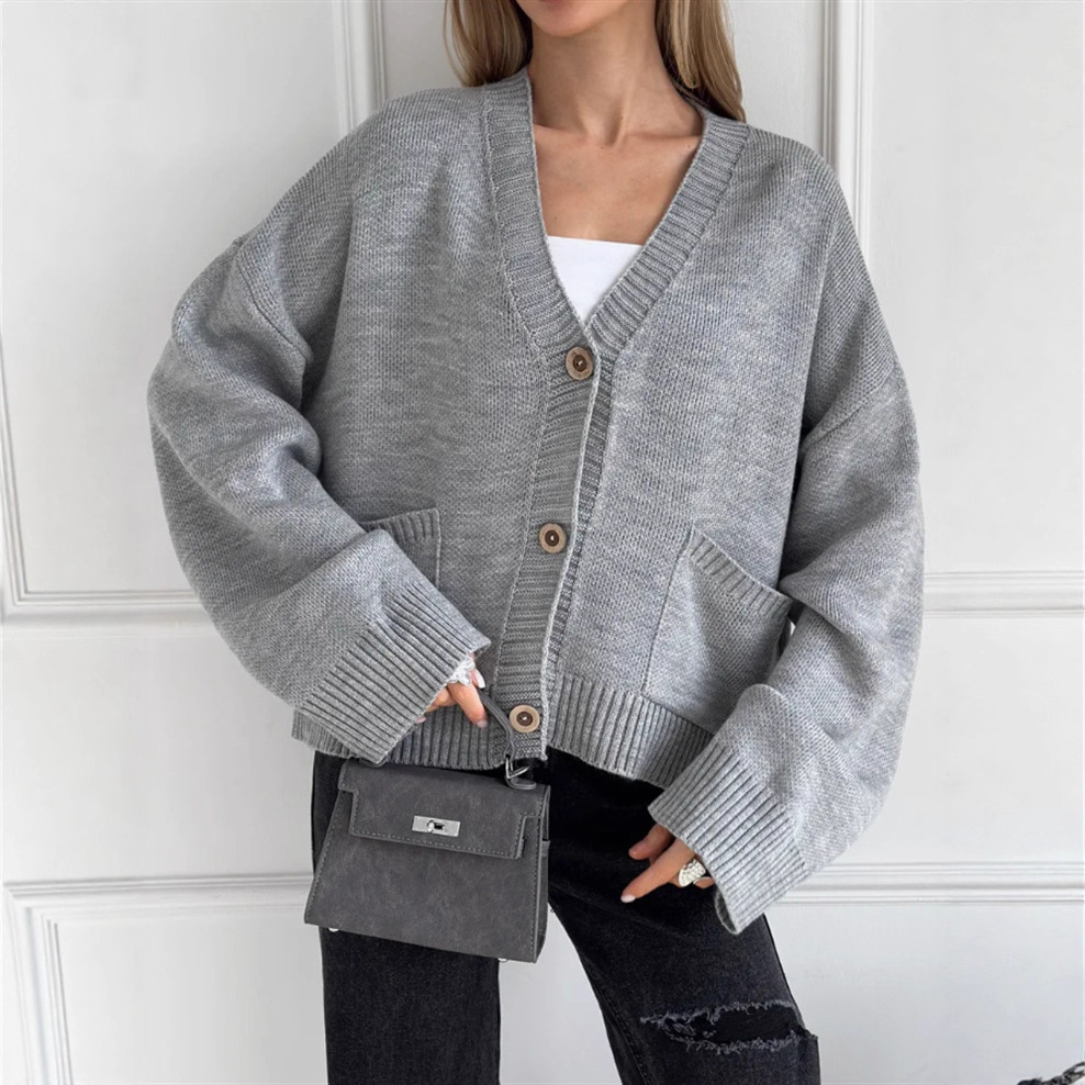Solid-color V-neck Knitted Cardigan With Large Pockets For Women