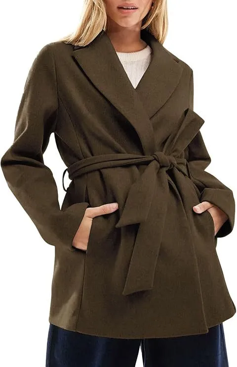 Women's Fashion Belt Notched Lapel Pea Coat Green - Shop at LoveMi