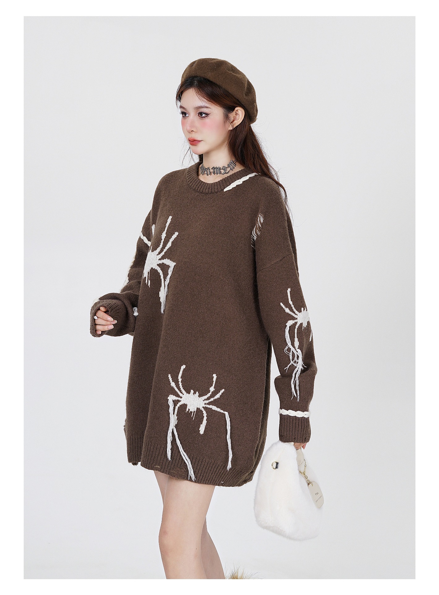 High Street Spider Jacquard Burr Contrast Color Rope Knitted Sweater