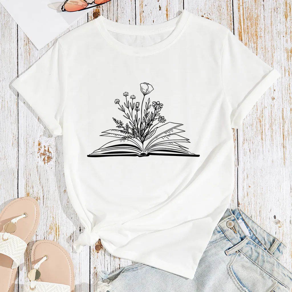 Women's Flower Book Print Loose Cotton-like Plus Size Round Neck Short Sleeve T-shirt For Women - White