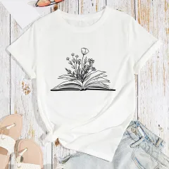 Women's Flower Book Print Loose Cotton-like Plus Size Round Neck Short Sleeve T-shirt For Women - White - View 1