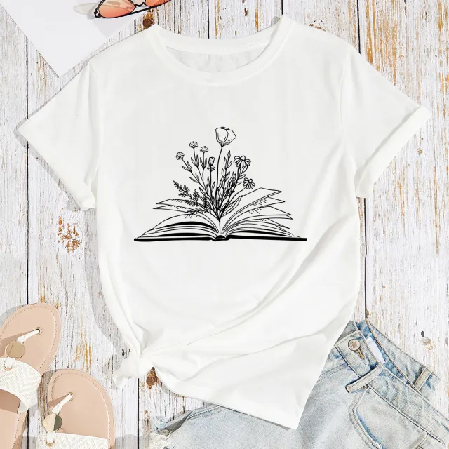 Women's Flower Book Print Loose Cotton like Plus Size Round Neck Short Sleeve T shirt For Women White - Shop at LoveMi