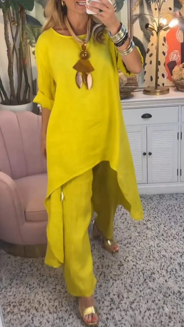 Solid Color Irregular Casual Cropped Long Sleeve Cotton And Linen Trousers Suit Women Yellow - Shop at LoveMi