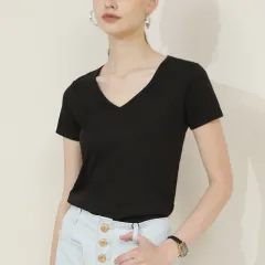 New Women's 100 Cotton V-neck Short-sleeve Top - Black - View 1