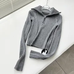 Turtleneck Wool Knitted Top Short Slim Fit - Grey - View 1