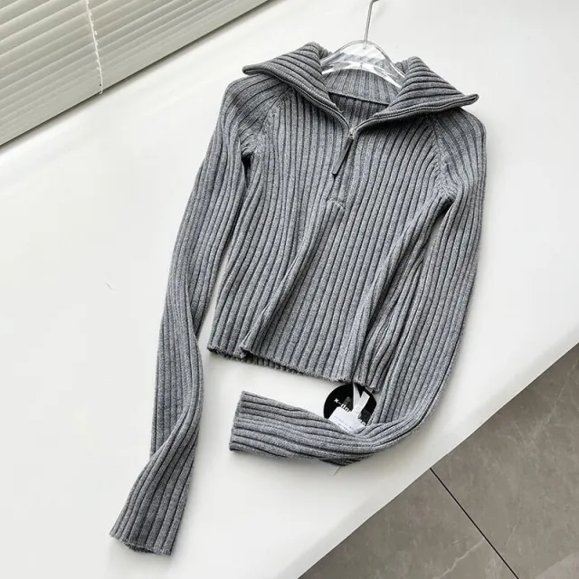 Turtleneck Wool Knitted Top Short Slim Fit Gray - Shop at LoveMi
